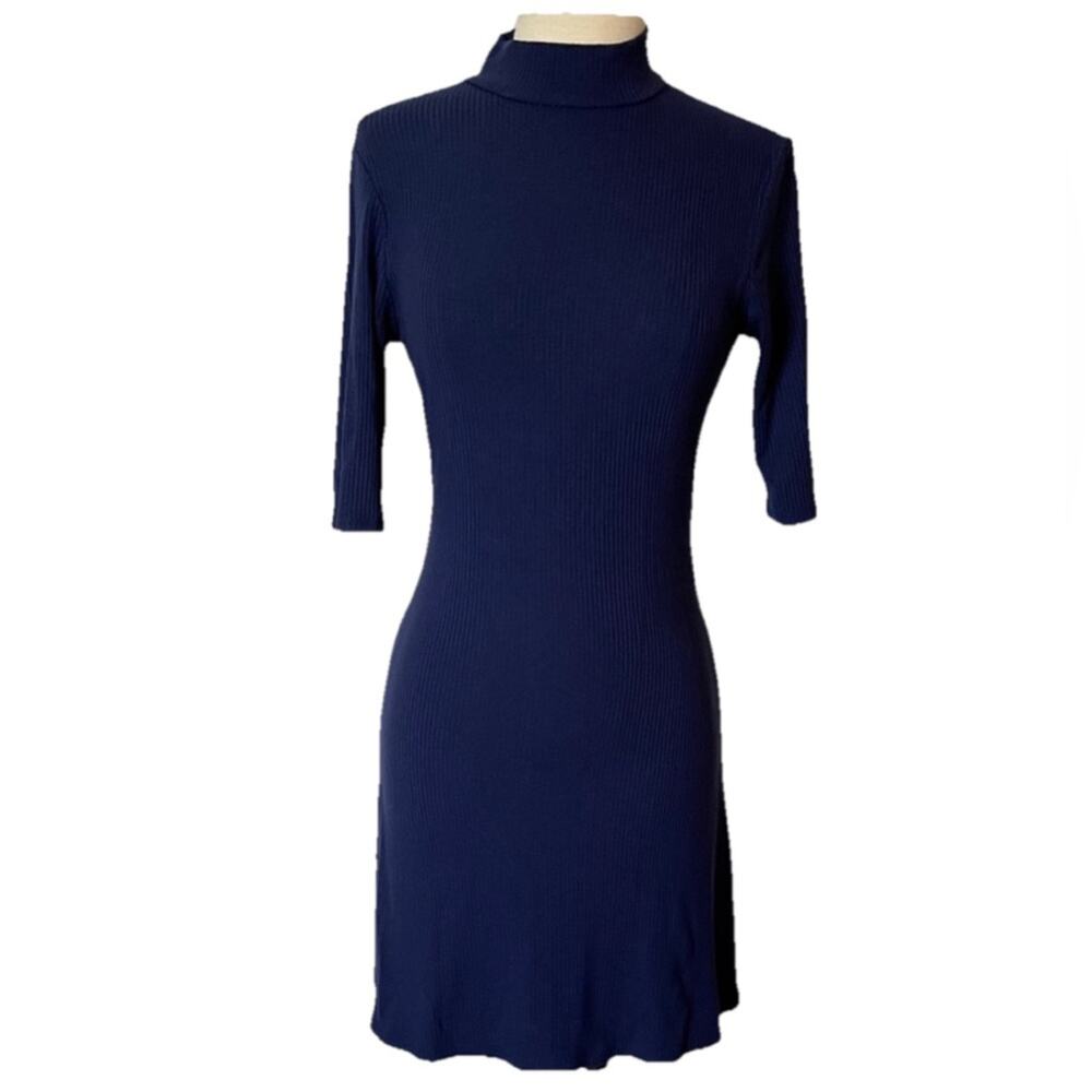 Reformation Blue Ribbed Bodycon Dress 3/4 Sleeve Minimalist Chic Small
